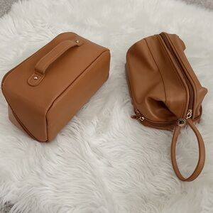 Travel Cognac Brown Tan Zip Up Toiletries Makeup Brush Pouch Set